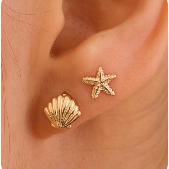 Stud Earrings Gold Brass Dainty Marine Life Nature Inspired Hypoallergenic - Picture 1 of 7